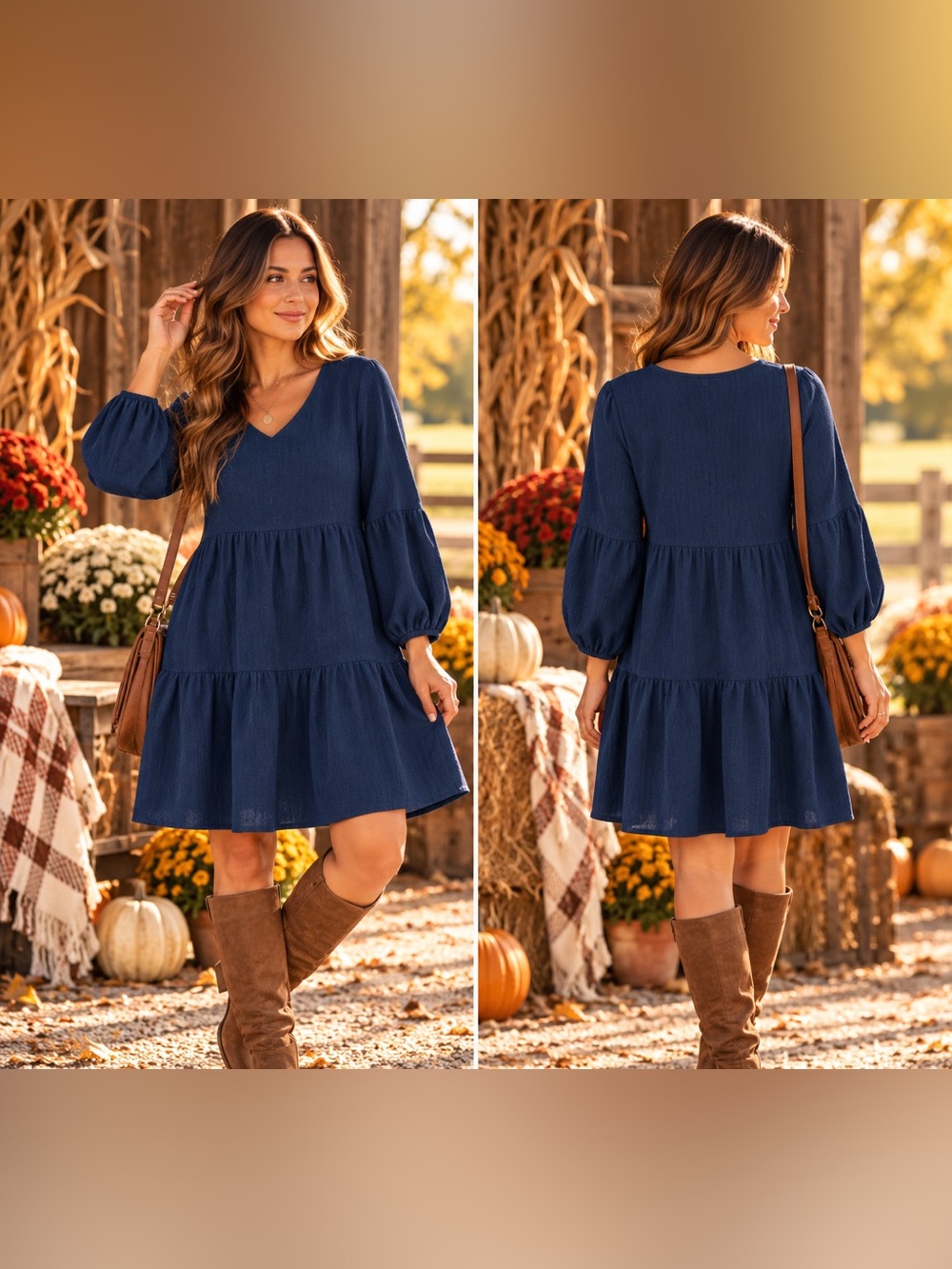 Women's Navy V-Neck Tiered Long-Sleeve Dress